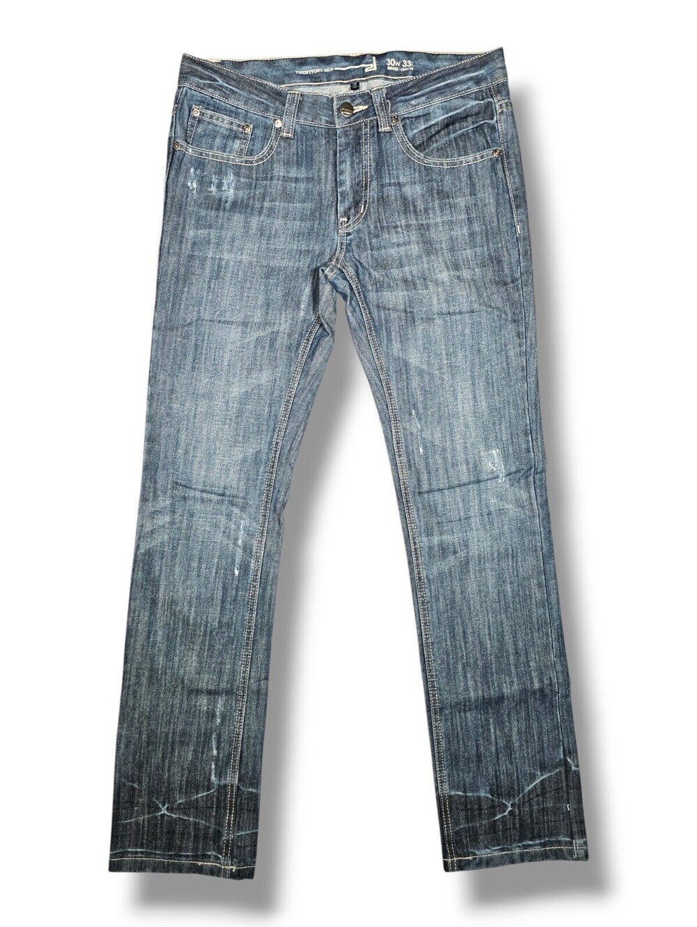 Medium Wash Whiskered Straight Leg Jeans Distressed Denim Y2K Casual 2000s 30x33